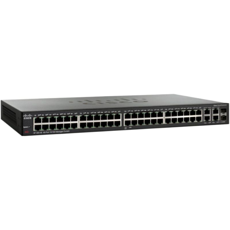Cisco SF350-48 switch with (48) 10/100 Ethernet ports and (4) fixed 10/100/1000 Ethernet uplink ports & 2 SFP Ports